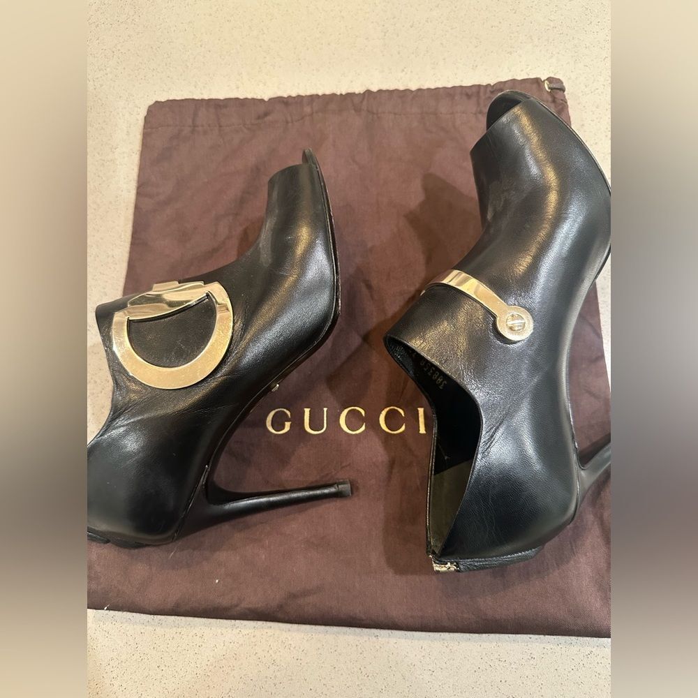 GUCCI Peeptoe Ankle Bootie with Gold Horsebit Zip Up Size 37 - Picture 11 of 13
